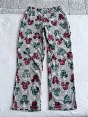Disney Grey Fleece Pajama Pants with Red & Green Plaid Mickey Heads XS